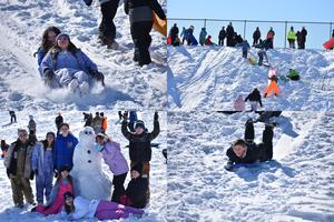 A four-photo collage showing Chestnut Ridge Middle School students enjoying a winter slide riding event. Students sled down a snowy hill on colorful sleds, climb back up the hill with sleds in hand, and gather together smiling around a snowman they built. The photos capture bright sunshine, deep snow, and students in winter coats, hats, and snow gear having fun outdoors.