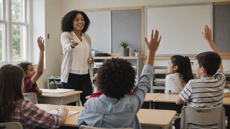A teacher engages with students in a classroom setting.