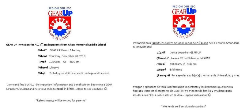GEAR UP Invitation for ALL 7th grade parents from Alton Memorial Middle School