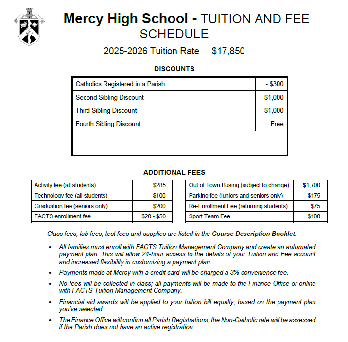 Tuition and fee schedule for Mercy High School with details on costs.