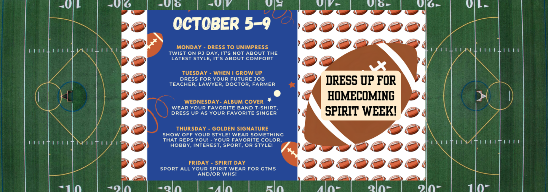 Football-themed spirit week schedule on a sports field background.