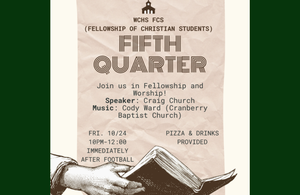 Event flyer for Fellowship of Christian Students with details on Fifth Quarter gathering.