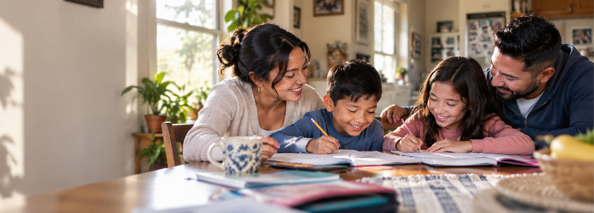 A family happily working on homework together at a dining table.