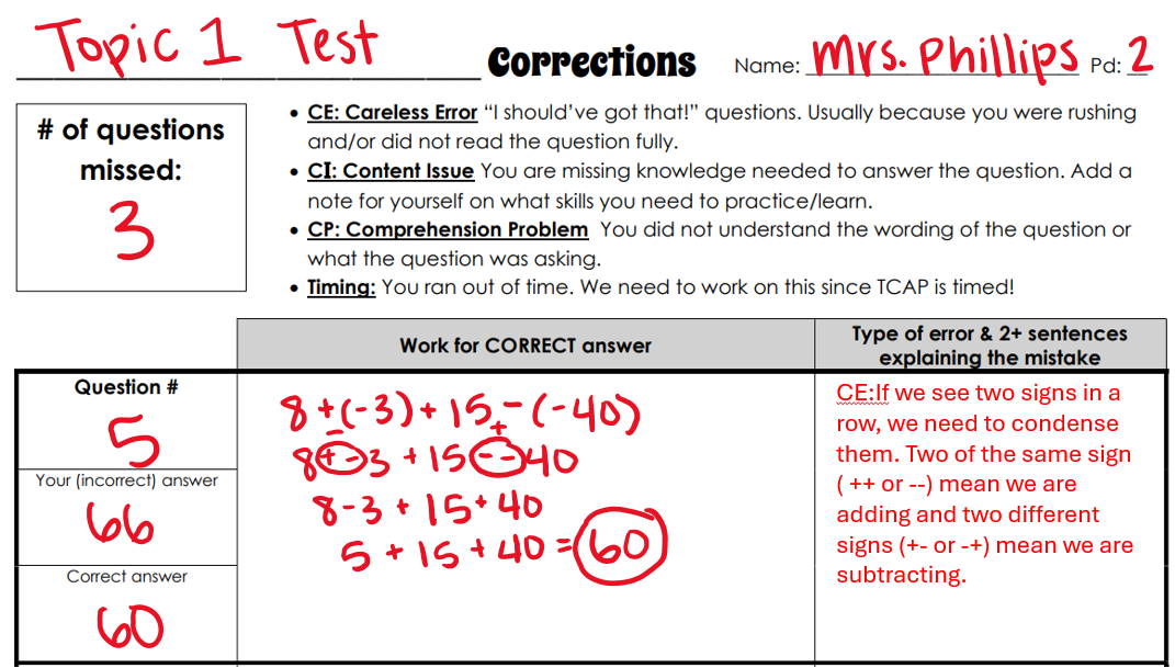 test corrections example