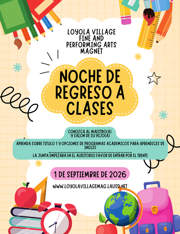 Back to School Night Flyer in Spanish with Books, clock, globe, backpack, writing supplies