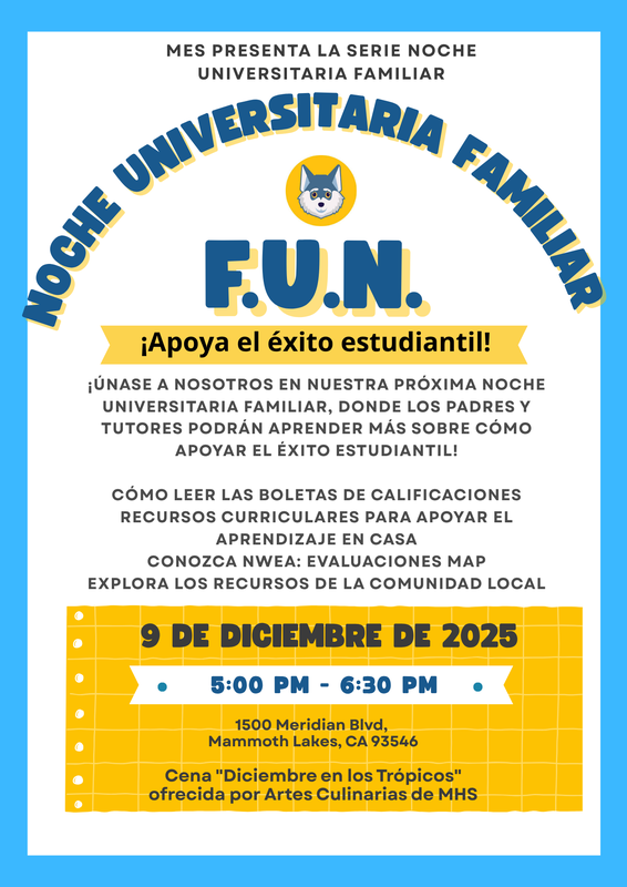 Event flyer for Noche Universitaria Familiar in Spanish with details and support resources.