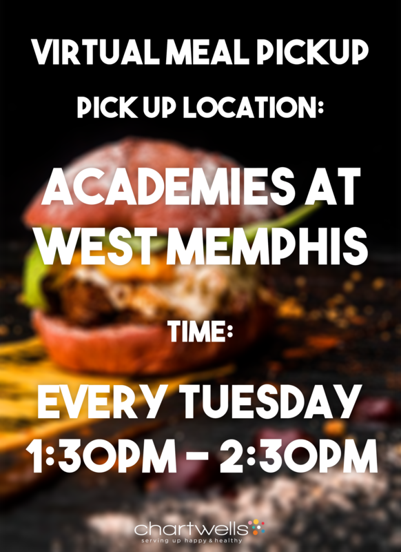 Virtual Meal Pick-up every Tuesday 1:30 pm to 2:30 pm at the Academies of West Memphis High School.