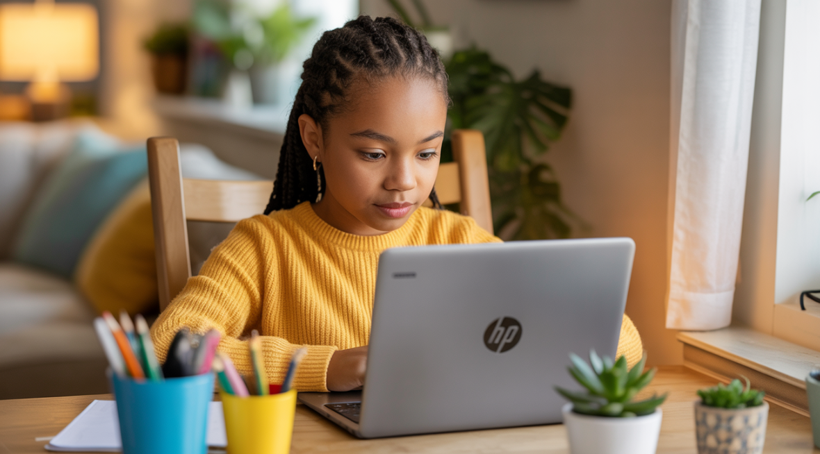 Student using a chromebook at home