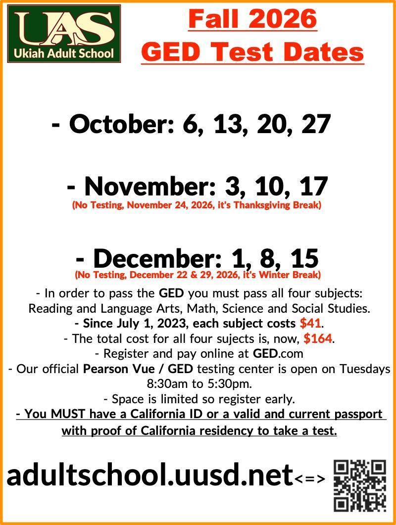 Fall 2026 GED / Pearson-Vue test dates poster.
