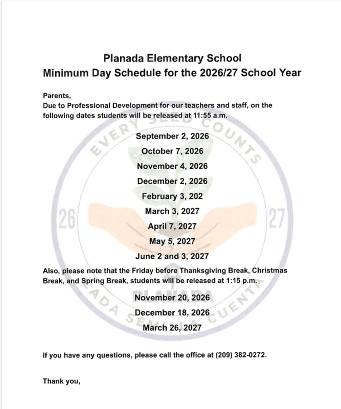 Minimum Day Schedule 2026/27 School Year