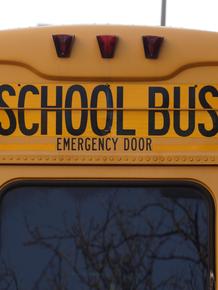 Bold yellow school bus sign displaying 'SCHOOL BUS' and 'EMERGENCY DOOR'.