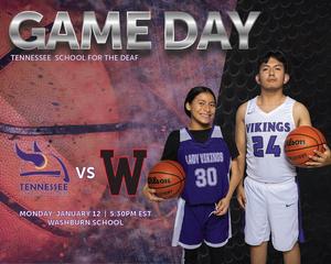 Game day poster featuring Tennessee School for the Deaf vs. Washburn School with players.