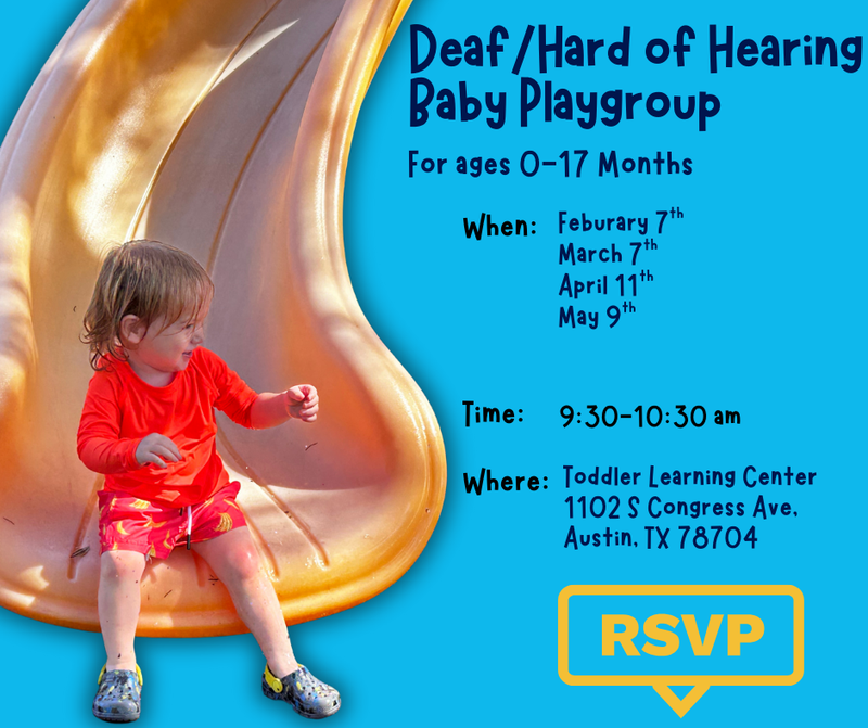 Blue background. Photo of male toddler in red shirt sitting at the end of a gold slide.