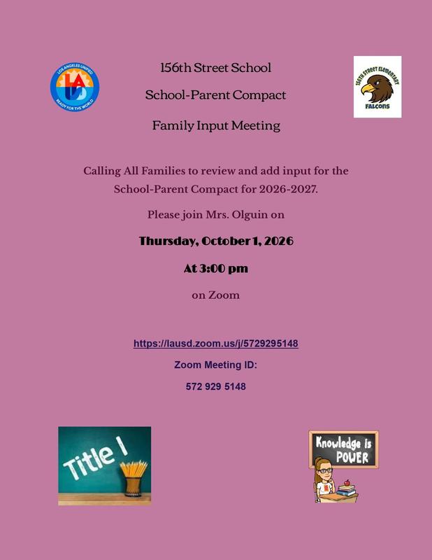 School-Parent Compact Parent Input meeting on Thursday, 10/1 at 3 pm via Zoom