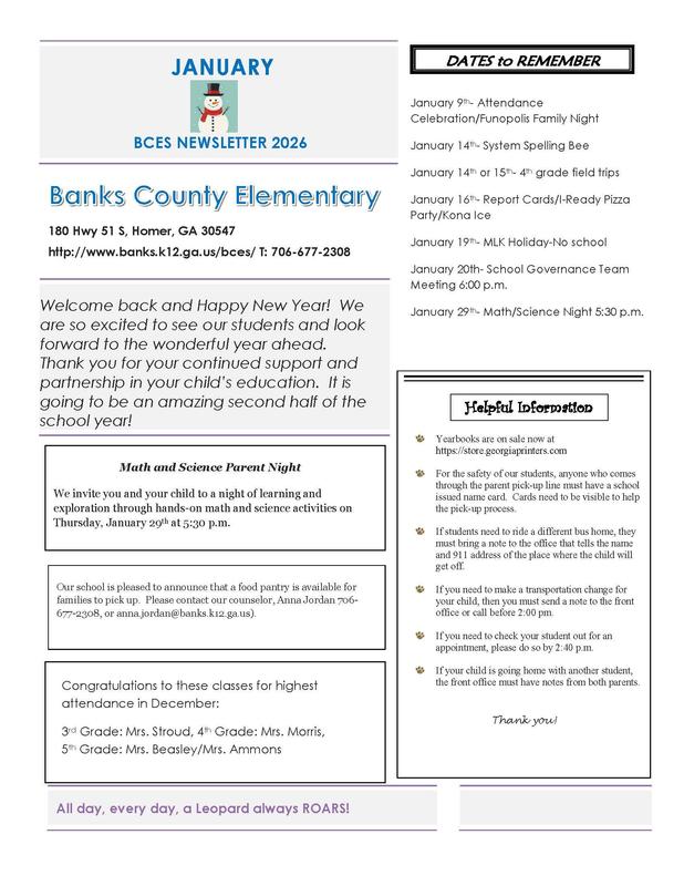 BCES January newslettee with important dates, announcements and events.