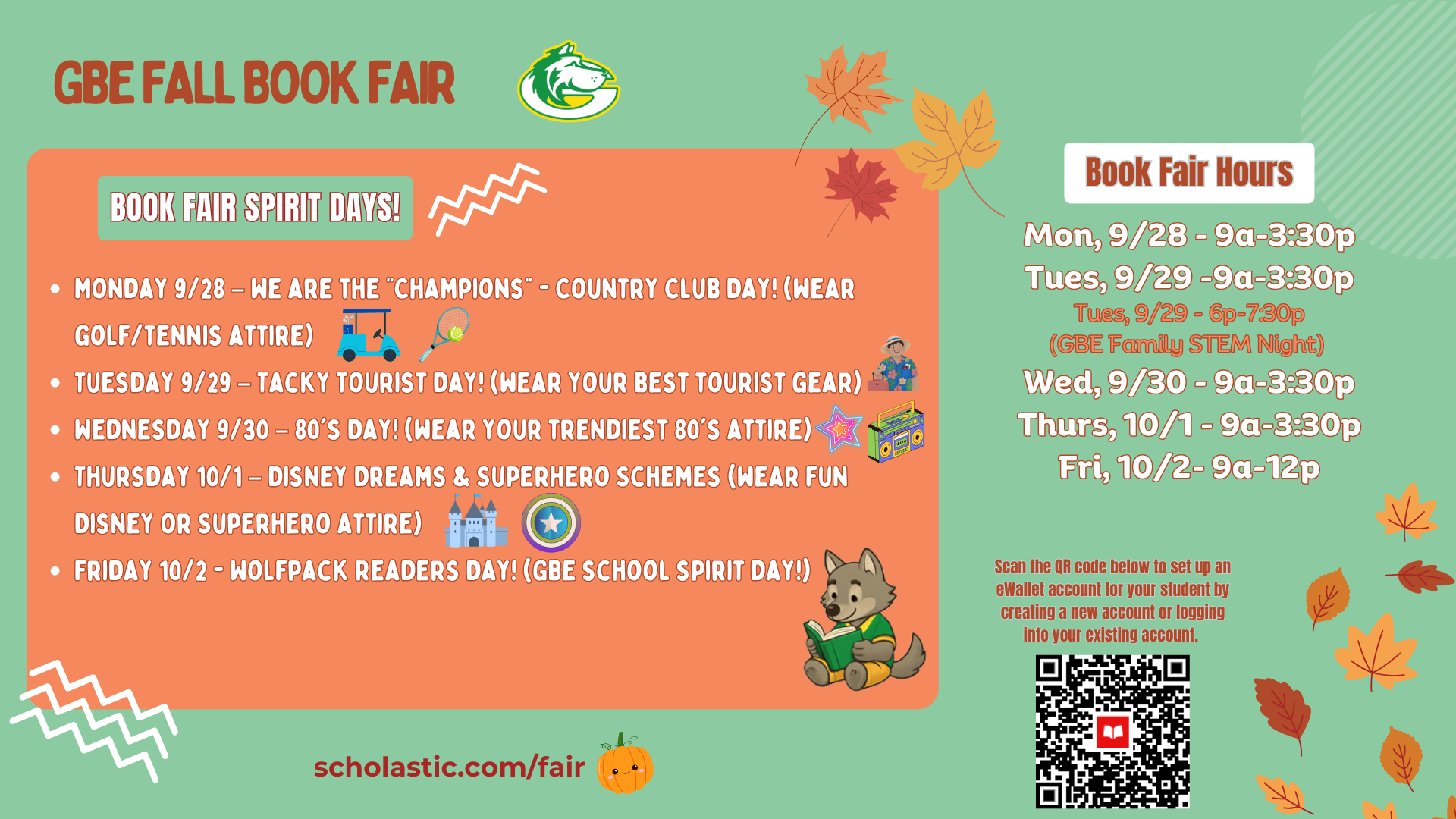Colorful flyer announcing GBE Fall Book Fair events and spirit days.
