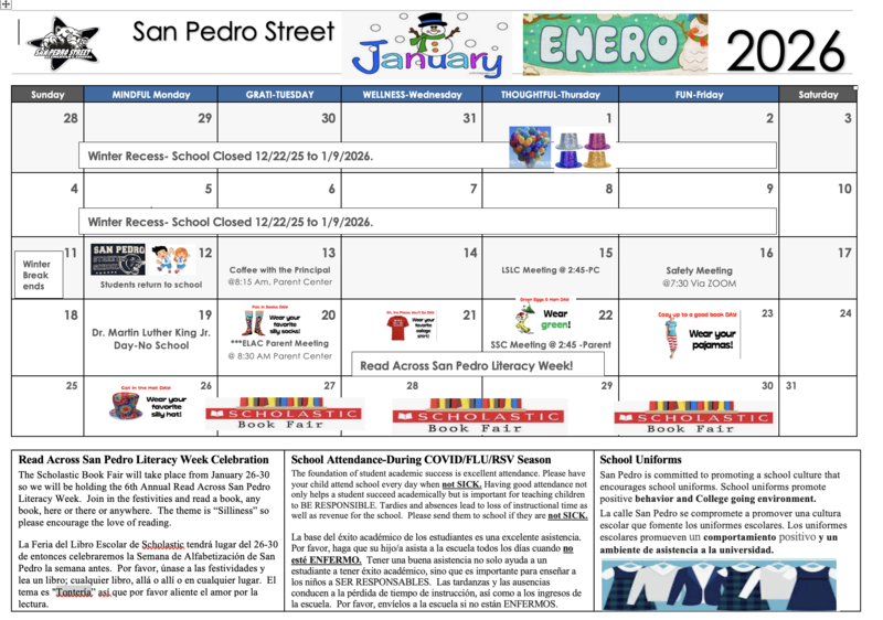 January Parent Calendar