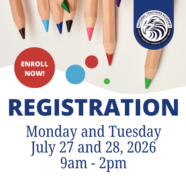 Registration graphic, including colored pencils.