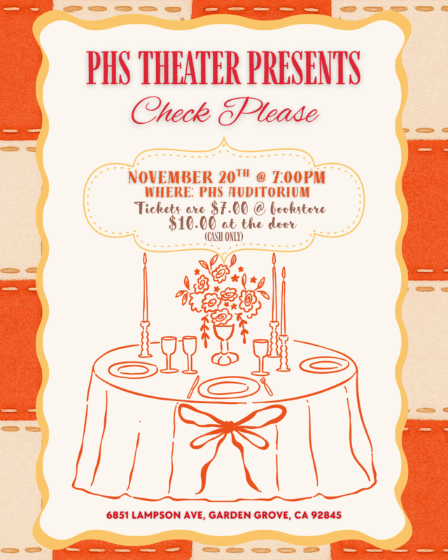 Come out and see our Pacifica High School Theater Fall Drama production "Check Please" on Thursday, Nov. 20th, 7pm. Tickets are available for purchase in the bookstore for $7 or at the door $10.