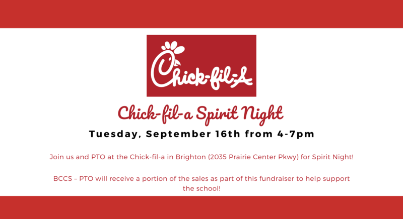 Chick-fil-a logo on a white and red background. Text with Spirit Night information.