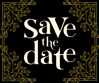 Save the date on black background with gold accents