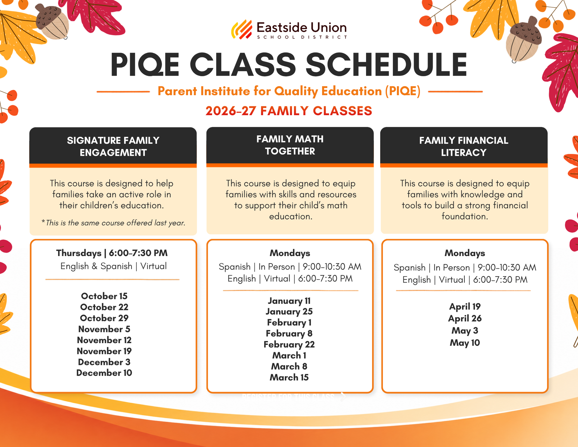 2026-2027 PIQE class schedule for Signature Family Engagement, Family Math Together, and Family Financial Literacy