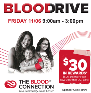 Poster for upcoming blood drive which includes image of a woman and children