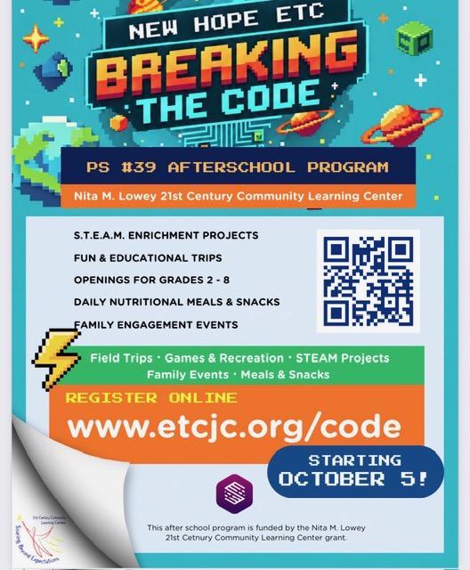 Colorful flyer promoting an afterschool program with various activities.