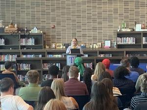 Trustee Dawn Cook welcomes attendees to the THS Advanced Academics awards ceremony