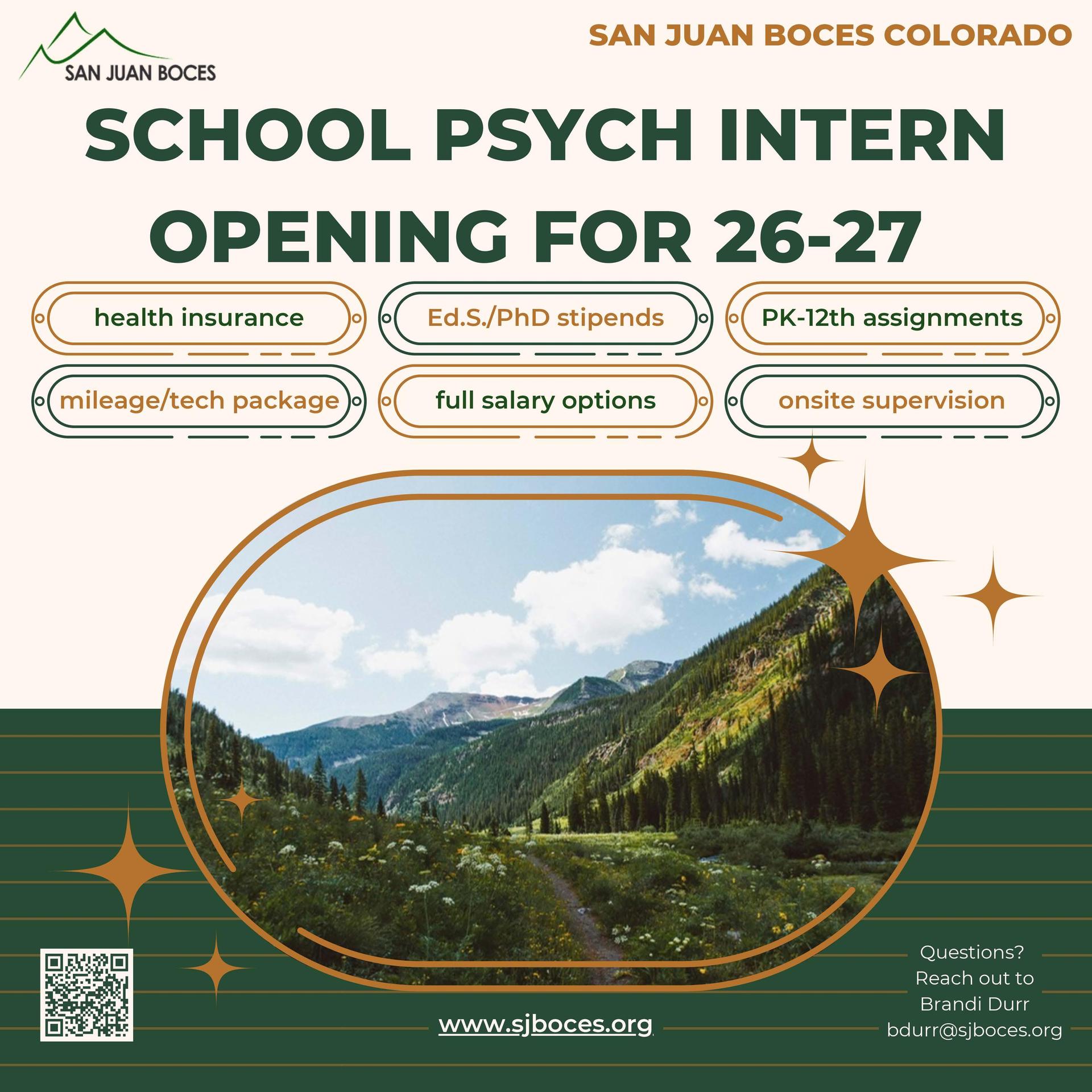 School Psych Intern opening for 26-27. Position includes: health insurance, professional development stipends, PK-12th assignments, mileage/tech package, full salary options, onsite supervision. For questions reach out to bdurr@sjboces.org