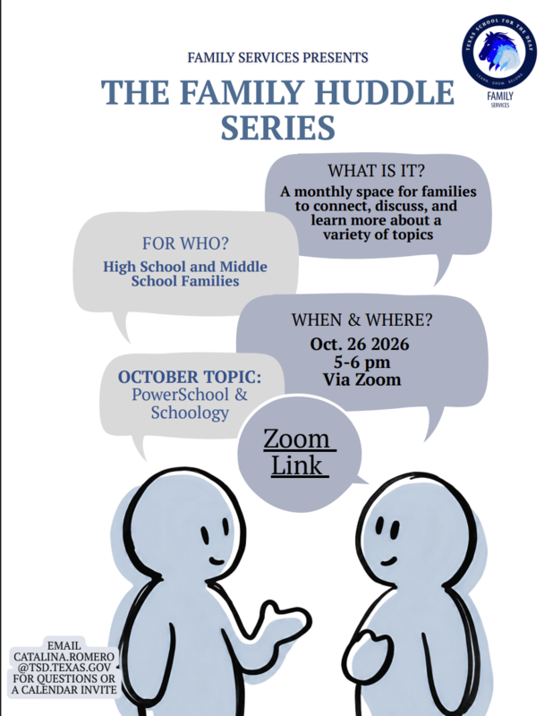 Light blue and gray flyer with details on The Family Huddle series