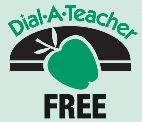 Logo for Dial-A-Teacher featuring a green apple and the word 'FREE.'