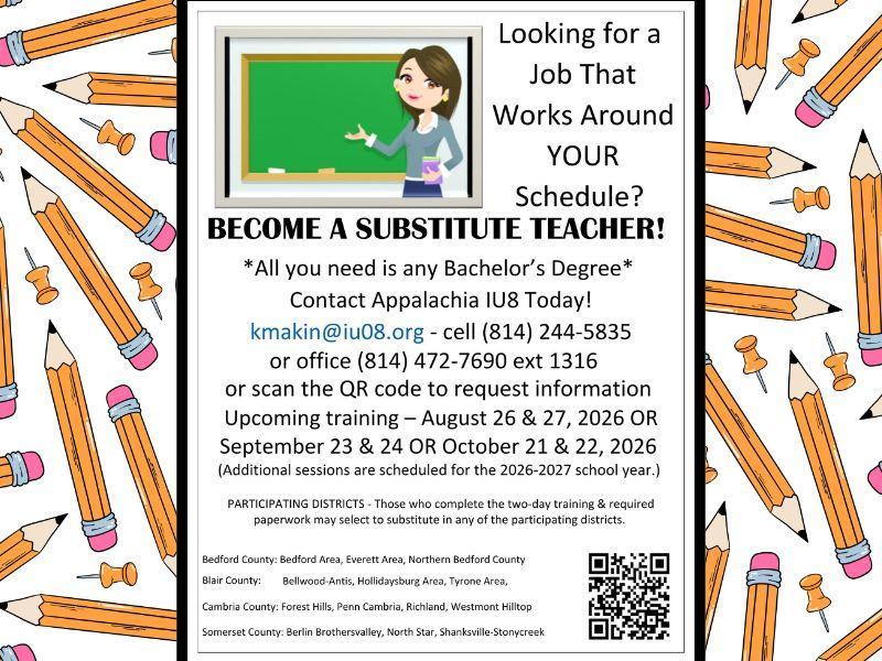 Job advertisement for substitute teachers with training details.