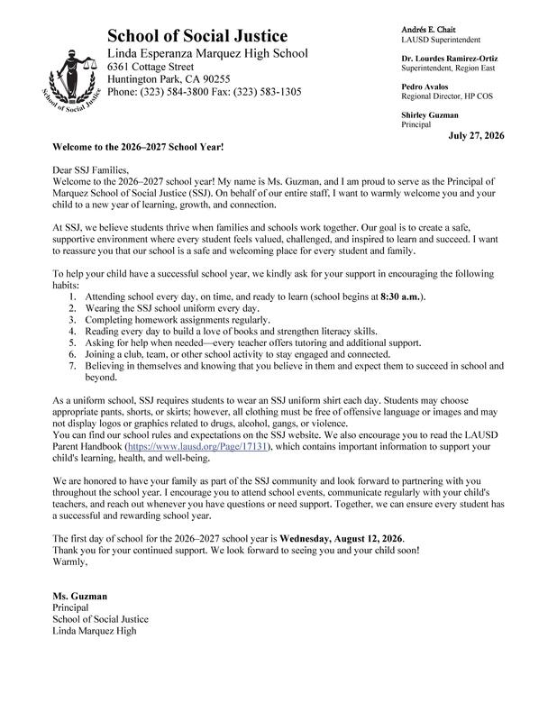 Welcome to the 2026–2027 School Year: A Message from Principal Guzman/ Bienvenidos al nuevo año escolar 2026-2027: Un mensaje de la Directora Guzmán