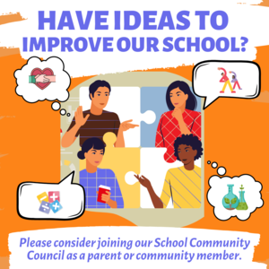 Individuals discussing ideas to improve their school with colorful graphics.