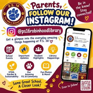 A colorful image with a QR code that leads you to follow the P.S. 16 Instagram