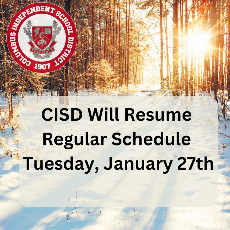 Classes will resume regular schedule Tuesday January 27th