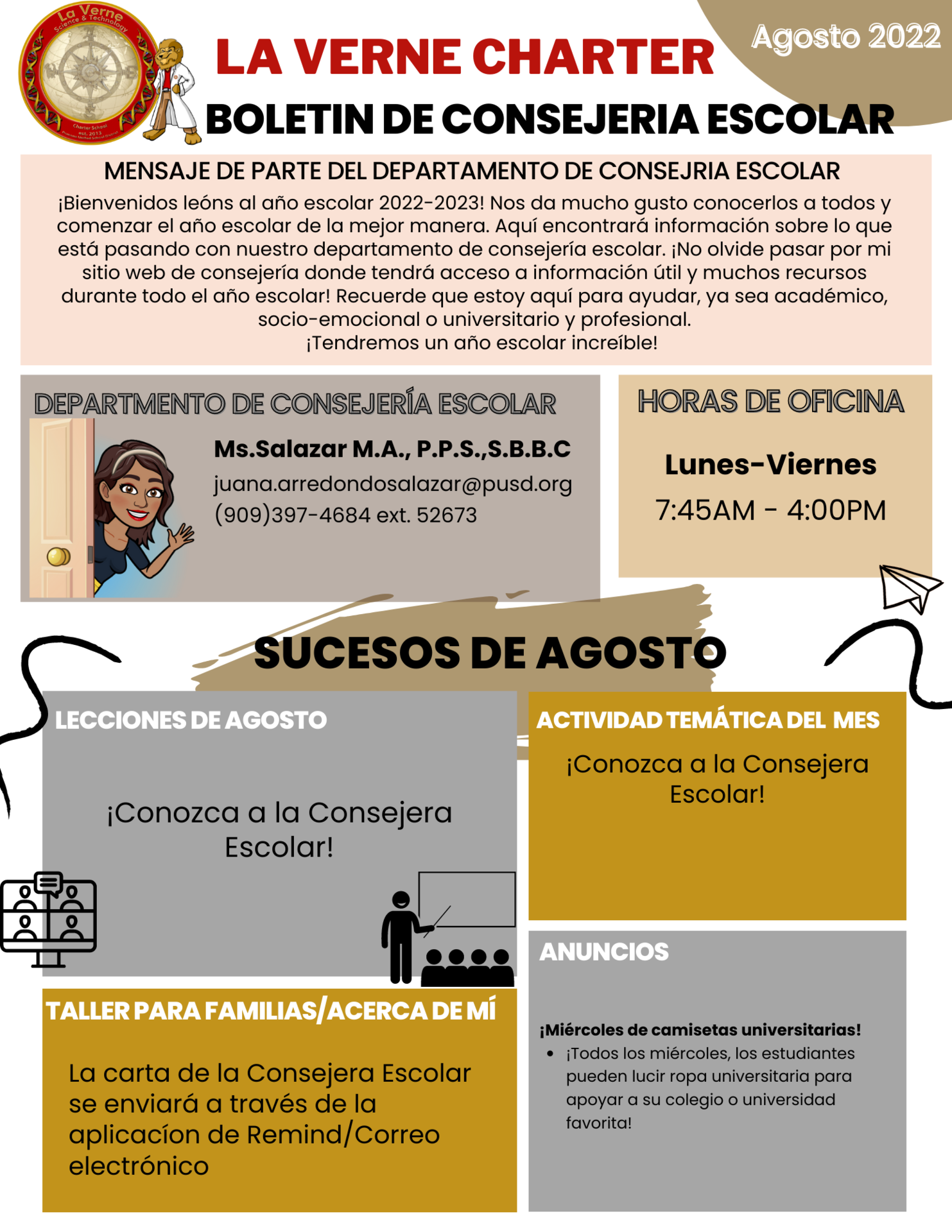 Boletín de noticias de consejería escolar de agosto