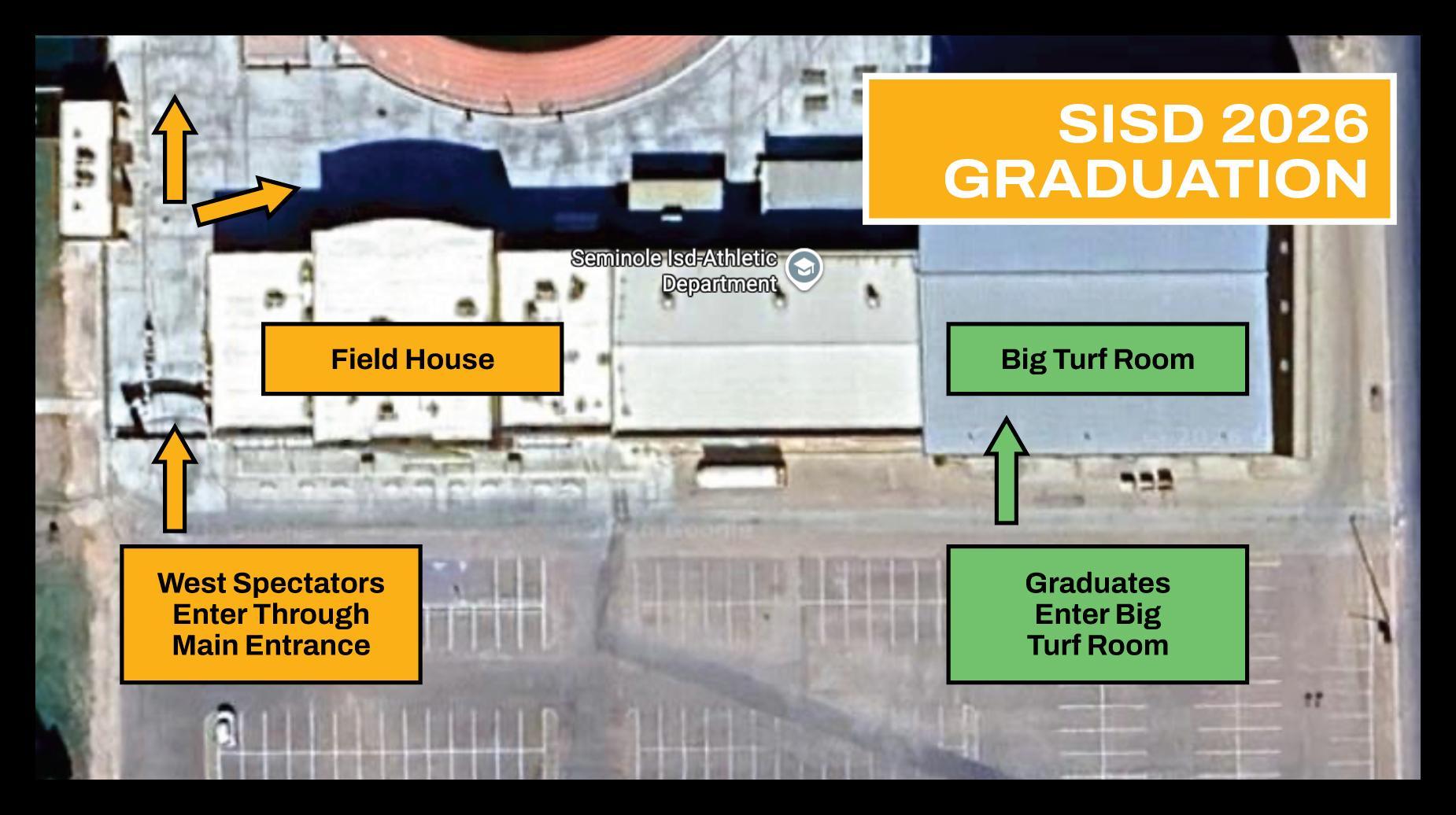 SHS Graduates enter through Big Turf Room, West Spectators through Main entrance near field house