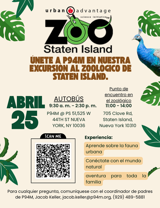 Flyer for P94M's trip to Staten Island Zoo with QR Code - Spanish