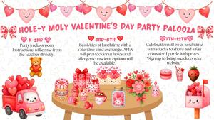 Valentine decor with lots of red hearts, a table with red heart candies on it