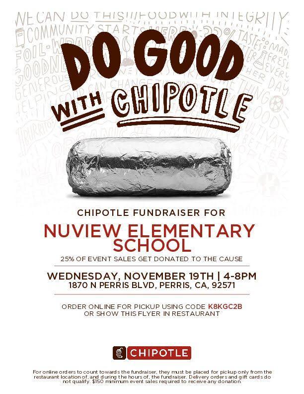 Chipotle Fundraiser November 19th 4-8PM; 1870 N. Perris Blvd.
