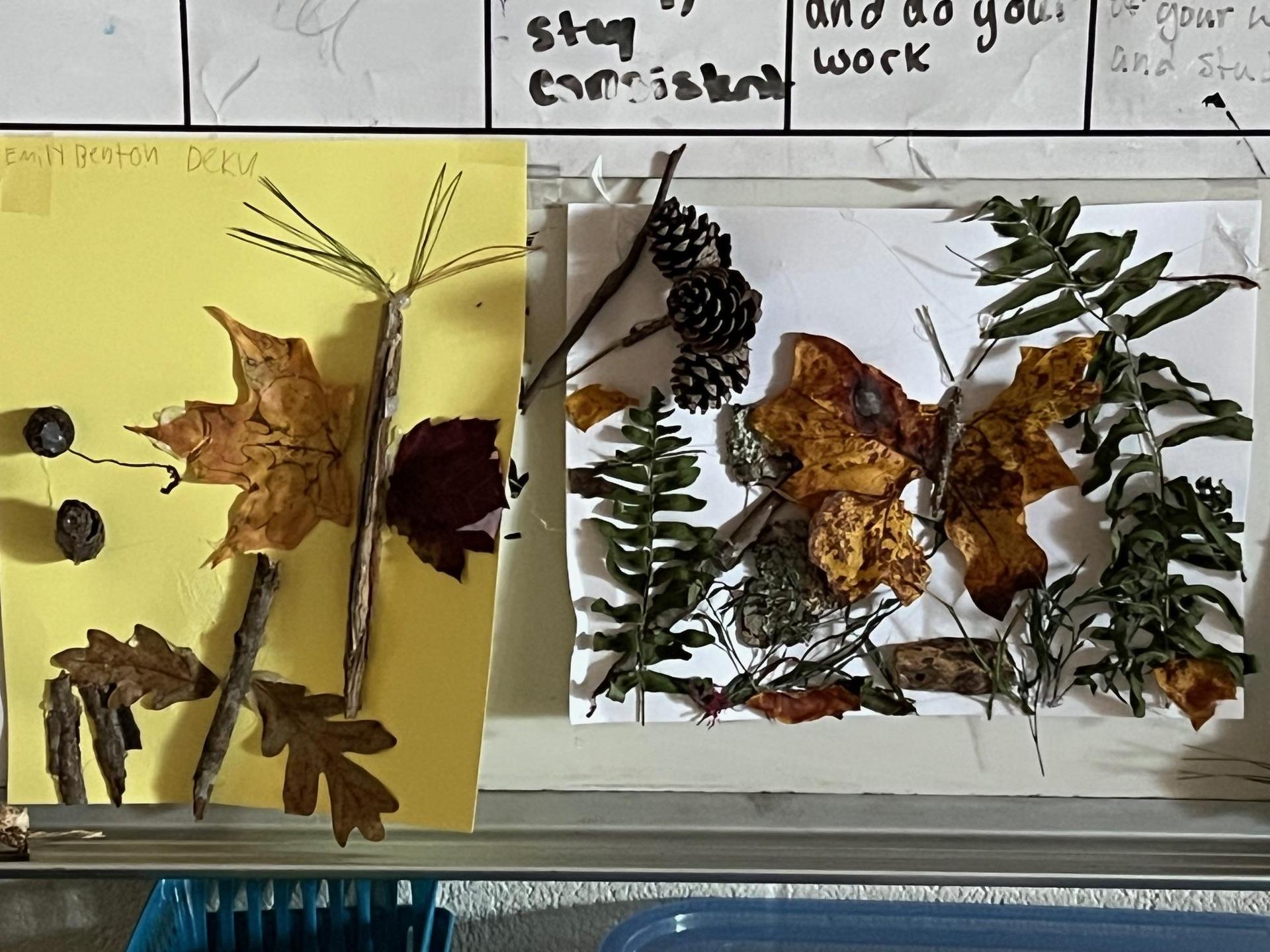 Two collages featuring dried leaves and twigs, forming natural shapes and patterns on paper.