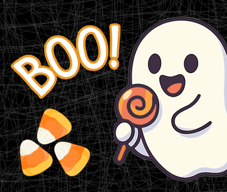 Boo! with illustrated ghost holding a lollipop and three pieces of candycorn in the foreground