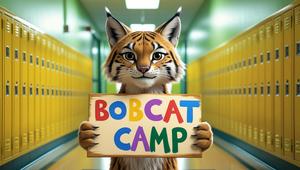 Cheerful bobcat character holding a sign reading 'Bobcat Camp' in a school hallway.
