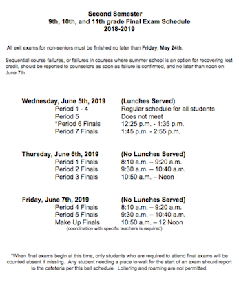 Second Semester Senior Final Exam Schedule 2018-2019 Featured Photo