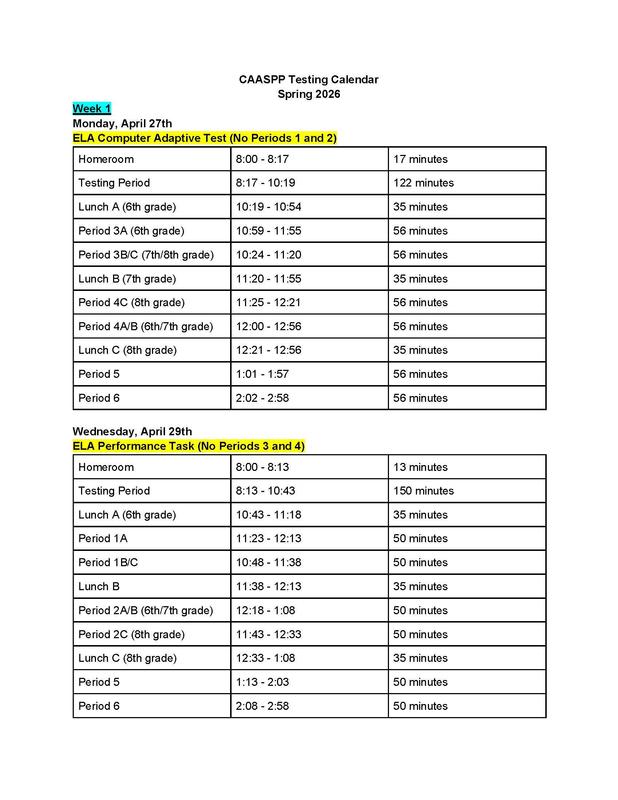 CAASPP Testing Week 1 Schedule
