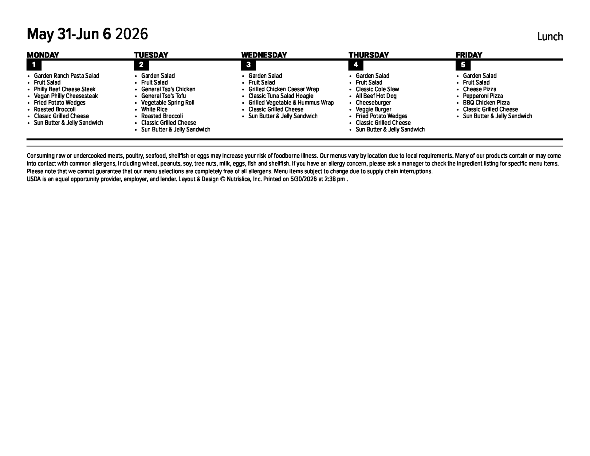 June 2026 Lunch Menu