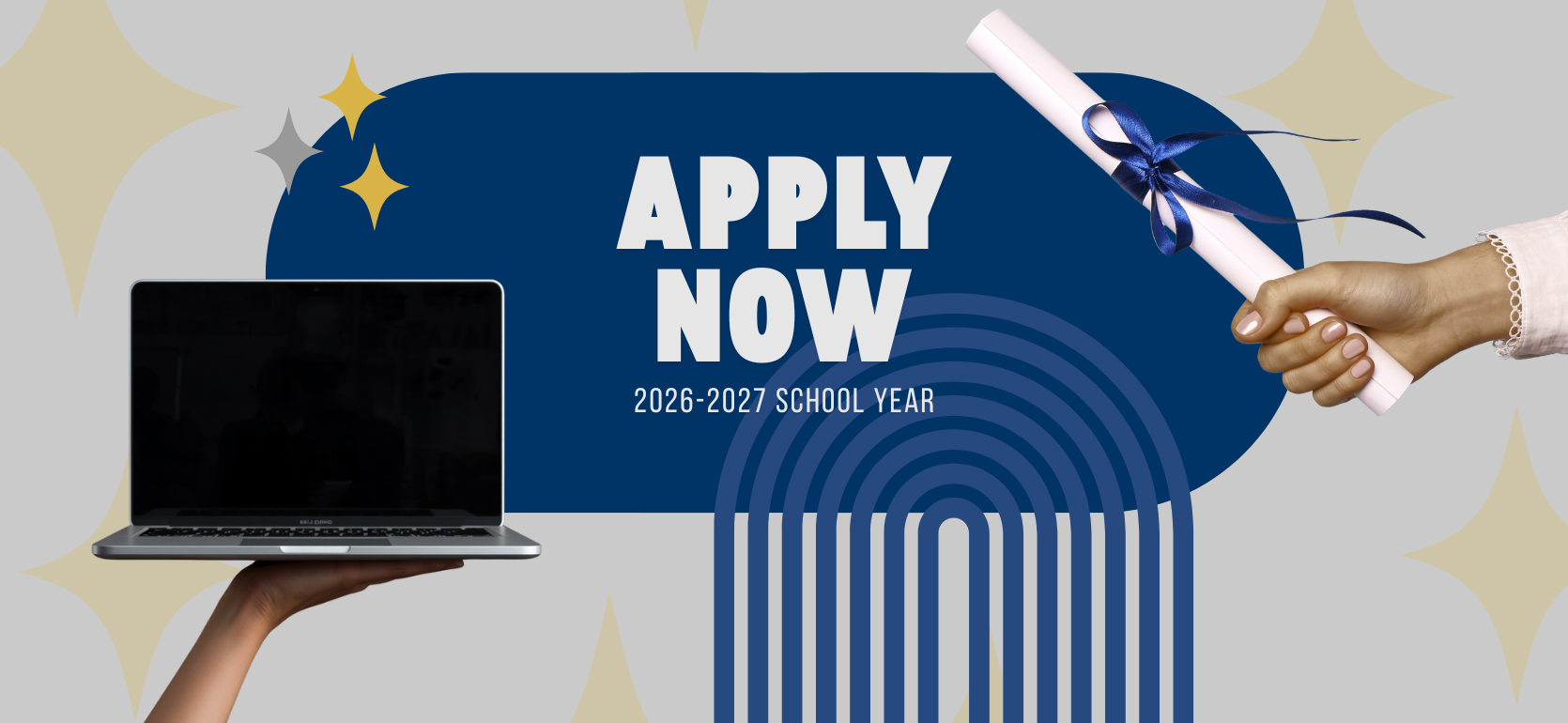 A hand holding a diploma and a laptop with an 'Apply Now' message.