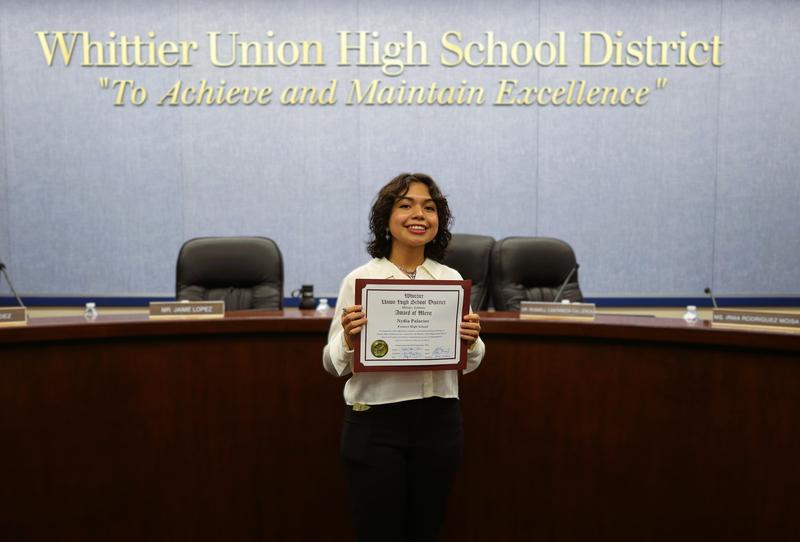 Pioneer High School senior Nydia Palacios was honored with an Award of Merit, presented by the Whittier Union Board of Trustees on September 9.